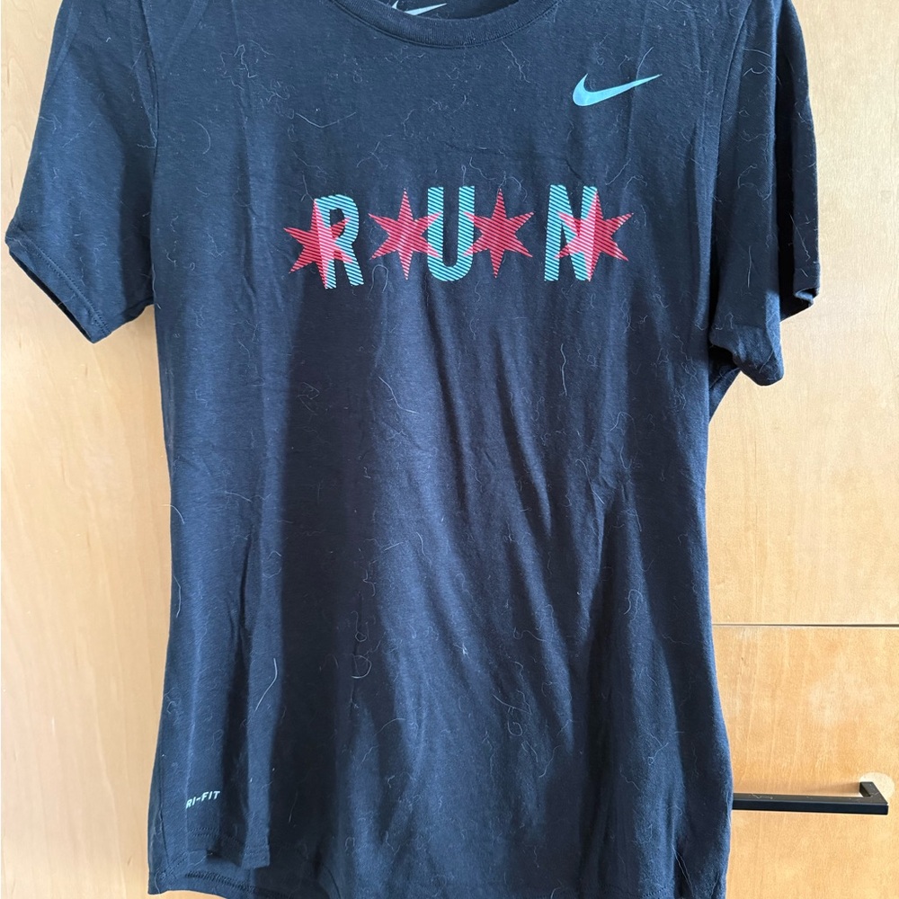 Nike Black Short Sleeve RUN Tee with Teal Logo and Red Stars